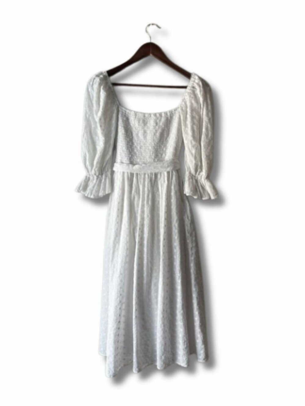 White Eyelet Lace Cottagecore Dress Smocked Puff Sleeve Romantic Prairie